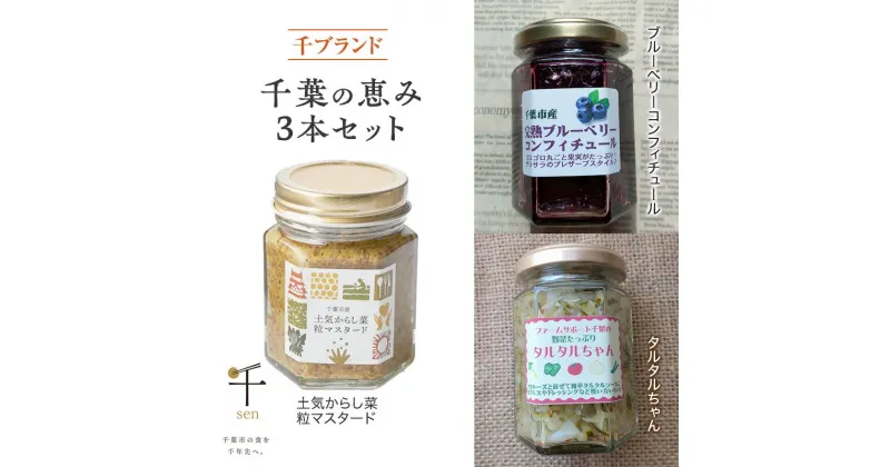 【ふるさと納税】千葉の恵み3本セット　千ブランド 粒マスタード 伝統野菜 からし菜 タルタルソース ピクルス マヨネーズ ブルーベリー コンフィチュール 瓶詰め 添加物不使用 土気 千葉市 千葉県