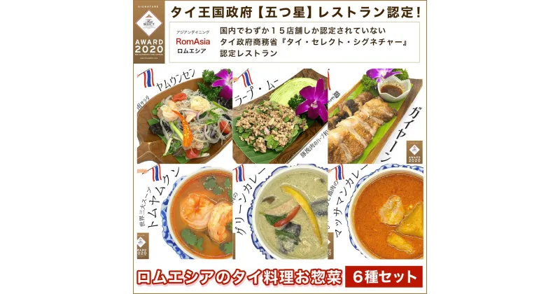 【ふるさと納税】タイ王国政府【五つ星】レストラン認定！ロムエシアのタイ料理お惣菜6種セット ふるさと納税 タイ料理 ヤムウンセン ラープ・ムー ガイヤーン カレー グリーンカレー トムヤムクン KBE001